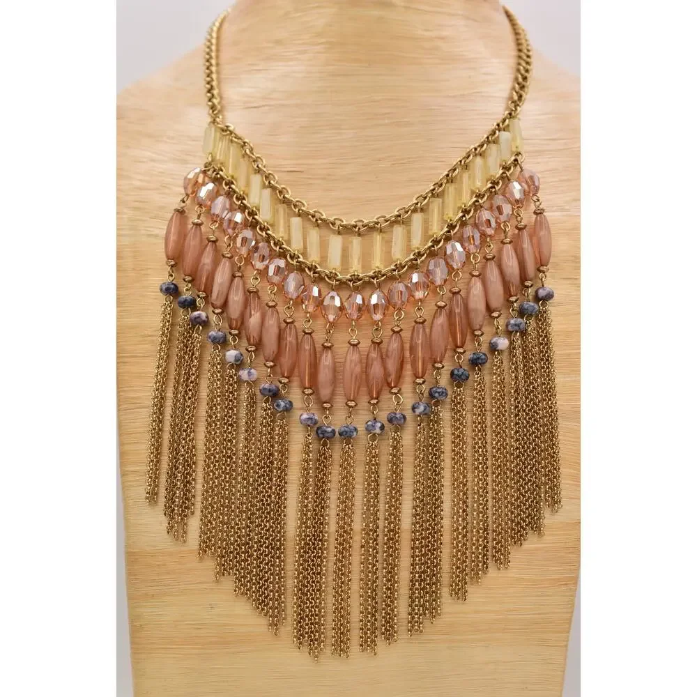 Vintage Fringe Statement Necklace Gold Peach Glass Beads Layered Boho Y2K BinBL